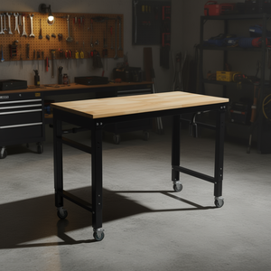 Rolling <b>Workbench</b> 48 In Wide Adjustable Height Black Hammertone Legs Rubber Wood Top Garage Workshop Office Furniture - Product Image 2