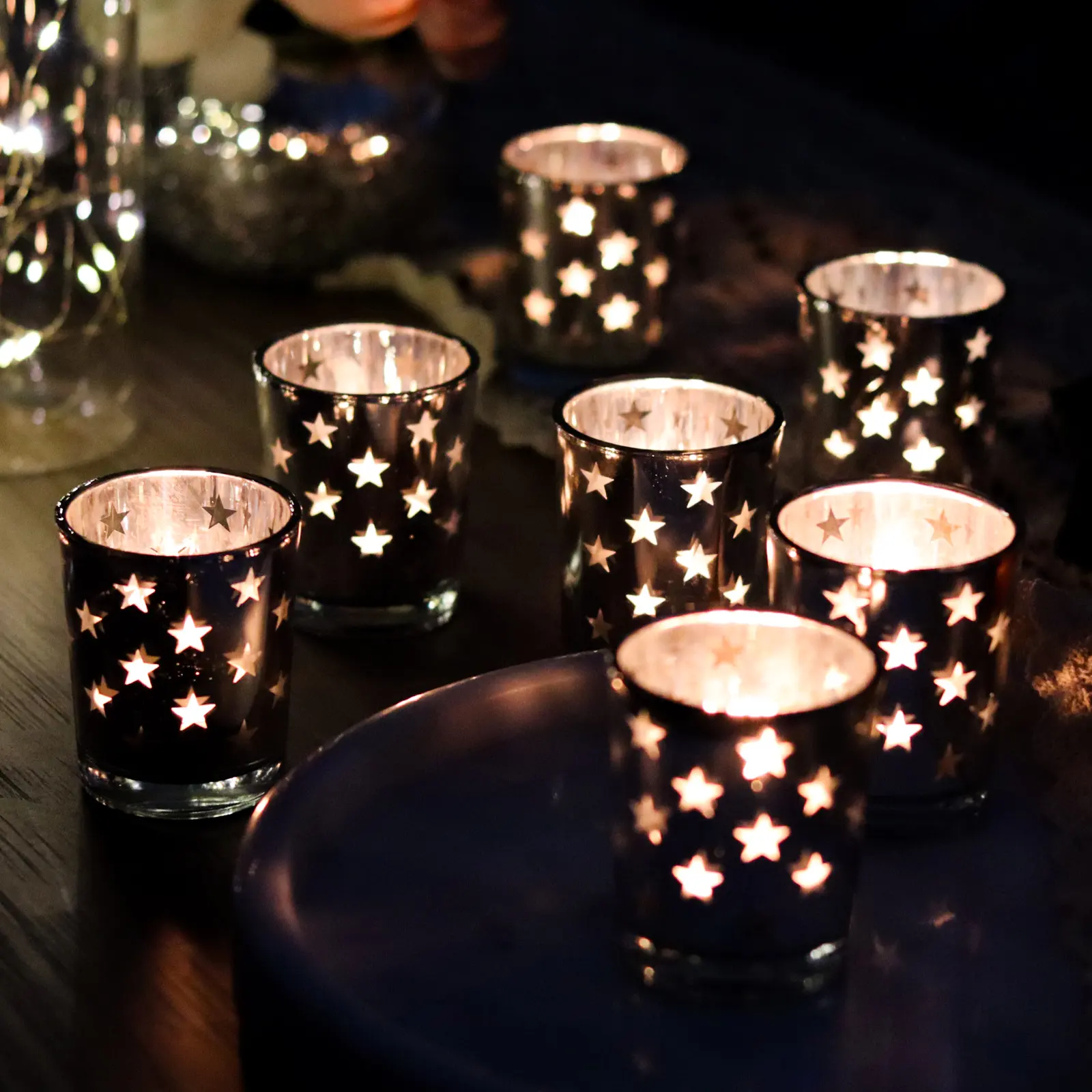 طقم بالجملة من 12 نجمة فضية زجاج الطاولة عصرية حاملة عصا شمع لحفلات الزفاف وديكورات شهر رمضان