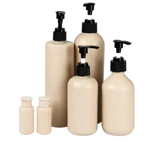 Biyobozunur kozmetik konteyner 30ml 100ml 250ml 300ml 500ml buğday samanı şampuan pompa şişesi ile siyah beyaz pompa kapağı