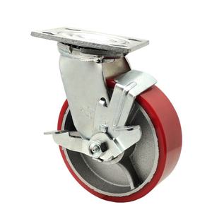 Roue pivotante industrielle robuste de 6 pouces en PU rouge avec frein à pédale latéral et noyau en fonte pour chariot à roulettes - Product Image 1