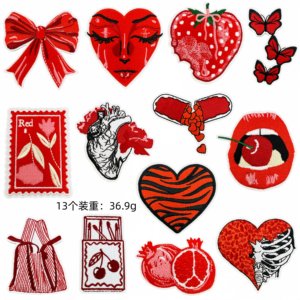 Iron on <b>Red</b> Series Embroidered Cool Girl Style Heart Phone <b>Bow</b> Capsule Strawberry Card Patch for Clothing Accessories - Product Image 6