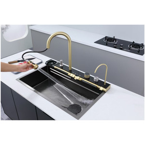 2024 <span class=keywords><strong>Tiktok</strong></span> or 304 acier inoxydable multifonctionnel Piano clé affichage numérique deux cascade amovible robinet évier de cuisine - Product Image 1