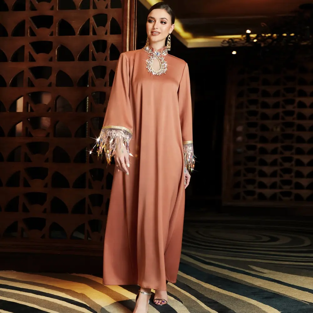 ドバイアラブトルコイスラム服女性のためのイスラム教徒のアバヤカジュアルなシンプルなエスニック服プリントファッションスパンコールタッセルイスラム教徒のドレス