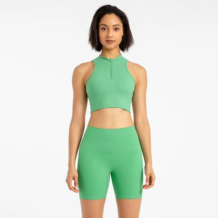 Yumuşak Spandex egzersiz şortu setleri yastıklı yarım fermuar kırpma üst yüksek bel şort 2 parça Yoga setleri kadın spor giyim spor takım elbise