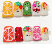 Faux ongles à presser carrés en acrylique faits main, motif floral 3D et fruits d'été, style French, forme cercueil moyenne, pour nail art et salon