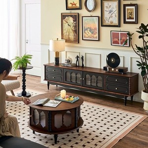 <span class=keywords><strong>Meuble</strong></span> <span class=keywords><strong>TV</strong></span> rétro français en bois massif marron et noir contrastant pour salon, grande capacité de rangement et armoire de salle à manger - Product Image 2
