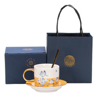 Ensemble tasse et soucoupe en porcelaine fine avec anse dorée, motif floral Magnolia, tasse à café ou à thé avec cuillère pour le thé de l'après-midi