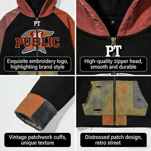 Fabricante ODM Personalizado, Sudadera con Capucha Unisex, Estilo Vintage, con Bloques de Color, Bordado Chenille, Tie Dye, Cierre de Cremallera, Diseño Desgastado - Product Image 2