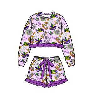 Précommande : Tenues décontractées imprimées avec masque Mardi Gras et shorts à volants pour petites filles, assorties pour sœurs, pour festivals et célébrations, vente en gros pour enfants - Product Image 3
