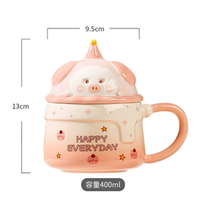 Underglaze Taza de animales de dibujos animados pintada a mano Taza de cerámica de cerdo Rosa lindo con tapa - Product Image 6