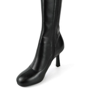 أحذية نسائية سوداء طويلة حتى الركبة من الجلد الصناعي بكعب عالٍ ومقدمة مستديرة وسحاب وتصميم ضيق - Product Image 4