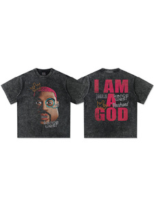 T-shirt graphique double face pour homme Kanye West I Am God, portrait de personnage de dessin animé, en soie/coton 300 GSM, col étroit, coupe oversize, style Hip Hop - Product Image 5