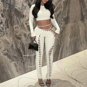 Conjunto Sexy de Dos Piezas para Mujer con Cordón Cruzado y Top Corto de Manga Larga con Pantalones Ajustados con Vendas - Product Image 3