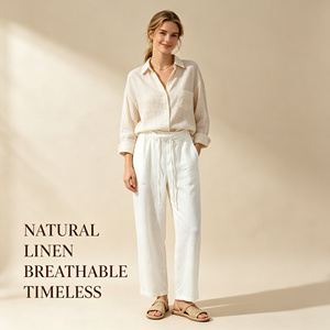 <span class=keywords><strong>Pantaloni</strong></span> in <span class=keywords><strong>Lino</strong></span> Leggeri Personalizzati OEM per Donne, Vita Alta, Vestibilità Ampia, <span class=keywords><strong>Pantaloni</strong></span> Estivi Casual Oversize su Misura per Signore - Product Image 2