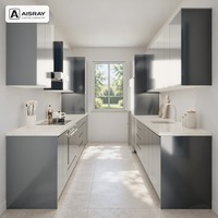 Ensemble de meubles de cuisine sur mesure, portes modernes en acrylique, design modulaire, aménagement en îlot central et tiroirs à fermeture amortie, structure en contreplaqué