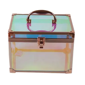 Lazer akrilik makyaj organizatör temizle holografik makyaj durumda makyaj saklama kutusu değişen renk akrilik alüminyum kozmetik seyahat çantası