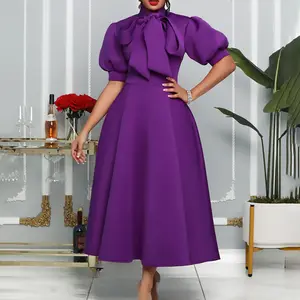 LXND235 Robe de banquet de couleur unie avec nœud élégant pour femmes Robe élégante à manches courtes de grande taille