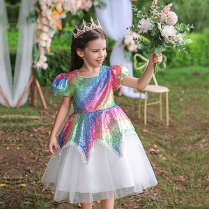Children's Rainbow <b>Sequin</b> Princess Dress O-Neck A-Line Tulle Flower Girl Costume For Party Performance - Product Image 2