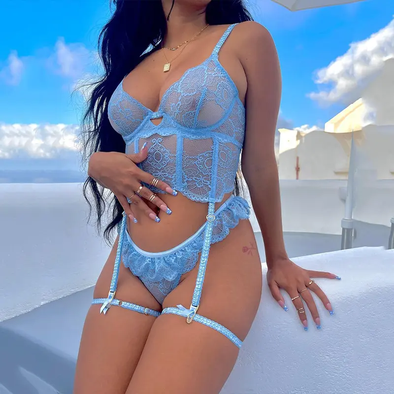 New Arrival Baby Blue Lace Transparent Women Sexy Lingerie Erotic Underwear