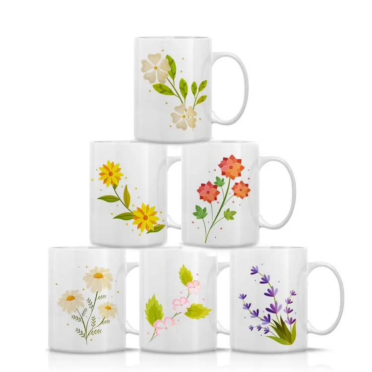 Custom Logo Flower Designs White Cups Personalised Mugs Porcelain Sublimation Mugs 11 Oz Blank With Box