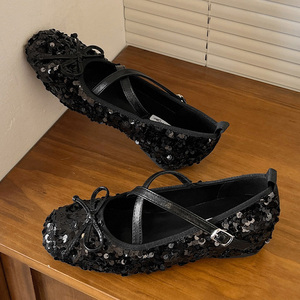 Chaussures Mary Jane pour femmes avec talon compensé intégré, style français 2026, bout carré, talons hauts à sequins argentés - Product Image 3
