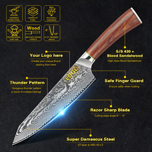 <span class=keywords><strong>Couteau</strong></span> de chef japonais Kiritsuke en acier Damas de 8 pouces <span class=keywords><strong>avec</strong></span> manche en bois de santal, 67 couches VG10 Gyuto, garantie à vie - Product Image 2
