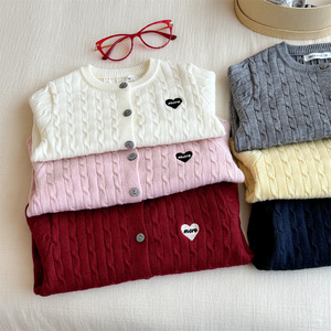 Tongxingyuan Girls Knitted Cardigan Sweater Solid Color Heart Patch Spring Autumn Cotton Kids Top - Product Image 4