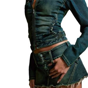 แฟชั่นมาใหม่ เสื้อแจ็คเก็ตยีนส์สีน้ำเงินคอสูงแบบซิปสุดเซ็กซี่ และกระโปรงสั้นวินเทจ - Product Image 5