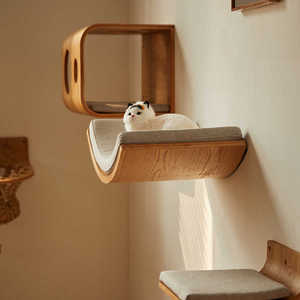 Modern Moon Boat Shape Wooden Cat Hammock Platform Oak Plywood Cat Tree Bed Pet Furniture Wall Mounted Cat Rest Shelf