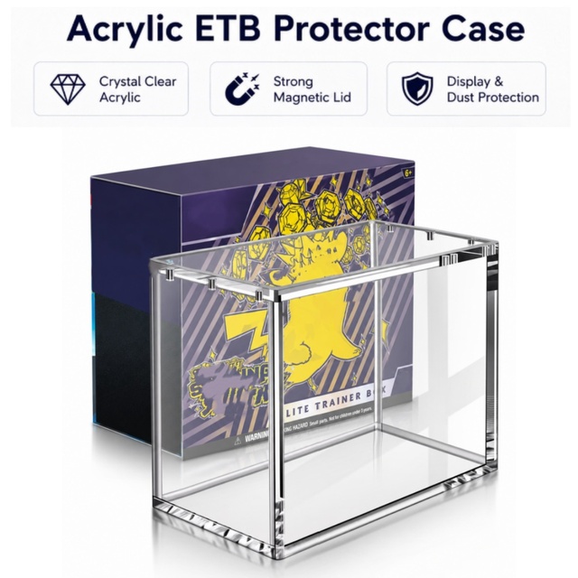 Premium 5+8mm Acrylic Elite Trainer Box Case with Magnetic Lid N52 UV Protection Clear Display Stand for Pokemon Booster ETB