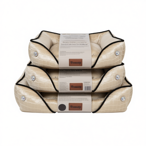 Set di Tre Pezzi per Cuccia per Animali Domestici in Velluto con Motivo a Coccodrillo e Cristalli, Super Morbido, Quadrato, Beige - Product Image 2