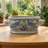 Vas Lantai Keramik Porselen Oval Motif Bunga Burung Pheasant Ganda Warna Biru Hijau, Lukisan Tangan Gaya Cina, Pot Bunga Dekoratif