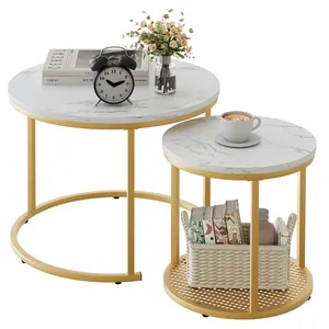 Conjunto de mesa de centro luxuoso pequeno redondo de madeira com ninho de ouro para sala de estar, móveis para casa, em estoque