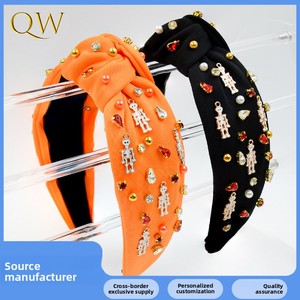 Diadema de Halloween para mujer, estilo europeo-americano, con accesorios de calavera de tela negra y naranja con pedrería, anudada - Product Image 5