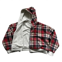 Vestes zippées oversize courtes en tricot gaufré délavé et vieilli YYSY Streetwear pour hommes, sweat à capuche en flanelle à carreaux avec broderie 3D