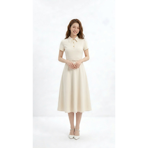 Robe midi pour femme, manches courtes, col chemise, robe de bureau, jupe évasée, tenue de travail élégante, mode, fabrication OEM ODM - Product Image 1