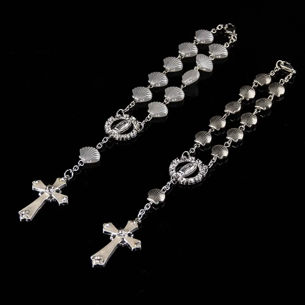 Catholic Cross Finger Chain Mini Rosary Finger Baptism Rosaries Faux Pearls Bracelet For Baptism Favors Christening SD239