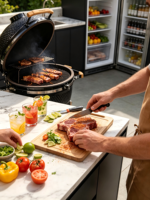 Cuisine extérieure de style nordique avec plan de travail en pierre naturelle, structure en acier inoxydable aspect bois, étanche pour installation de barbecue à gaz