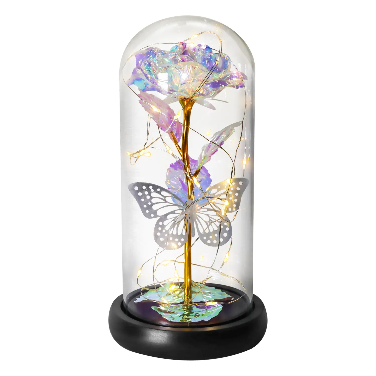 Christmas Valentines Day Gift Led Light Colorful Artificial Galaxy Rose Flowers in Glass Dome With Butterfly Gifts for Mom Women