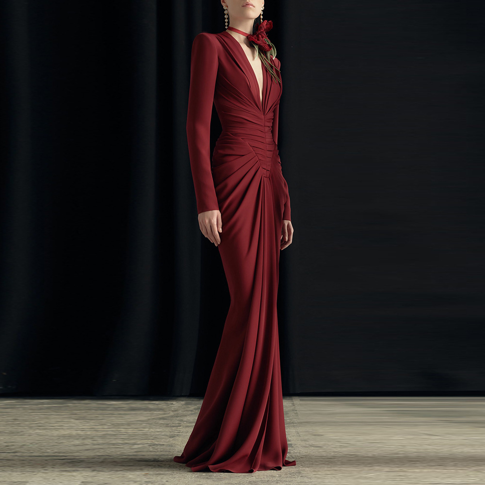 celebrity style evening dresses A-Line Prom Dress V Neck Long Sleeve Sweep Sequin Green Satin Slit Pleats main image 1