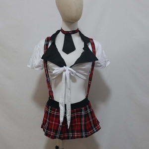 Costumi da Studentessa <span class=keywords><strong>Sexy</strong></span> in Stile Cosplay Rosso a Quadri con Calze a Rete per Donna SLDR-003 - Product Image 4