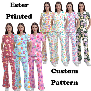 Ensemble d'uniformes personnalisés populaires sur le marché australien, imprimés pour Pâques, thème animalier et floral, uniforme d'infirmière amusant, uniforme d'hôpital imprimé - Product Image 1