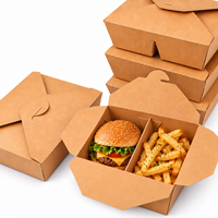 Boîte à lunch jetable en papier kraft à 2 compartiments, pliable, pour emporter, emballage pour hamburgers et frites