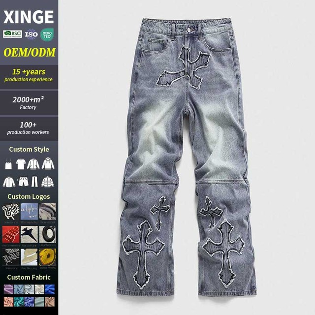 Streetwear Washed Distressed Casual Straight-Leg Denim Pants Custom Cross Embroidery Graphic Print Wide-Leg Men's Jeans