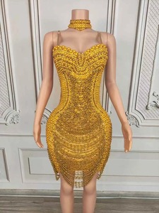 Abito da <span class=keywords><strong>Donna</strong></span> Sexy Scintillante di Lusso con Perle Dorate, Costume da Ballo, per Feste di Compleanno e Festival, con Strass, in Spandex/Poliestere - Product Image 1