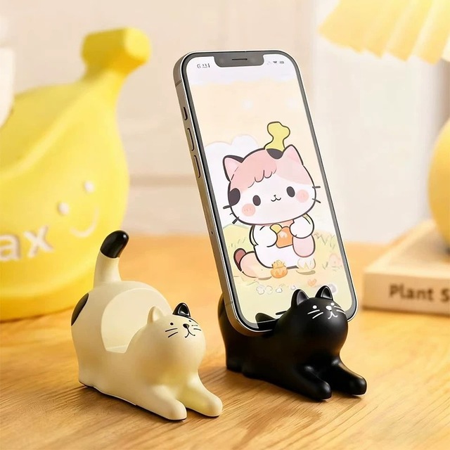 Stretching-backwards cat Desktop Phone Stand, Black, Zakkka Brand, Small Decorative Piece for the Desk.