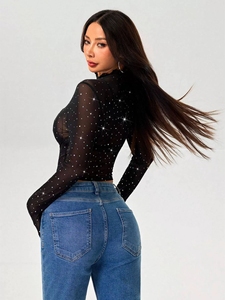 Europe et Amérique 2026 Printemps/Automne Nouveau T-<span class=keywords><strong>shirt</strong></span> Haut <span class=keywords><strong>Femme</strong></span> à Col Montant Fin, Manches Longues, en Maille Transparente et Paillettes - Product Image 5