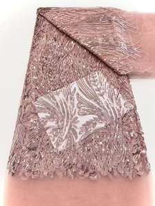 Tissu de dentelle française avec perles de paillettes brodées à la main maille de Style uni avec motif brodé tissu de dentelle en gros - Product Image 5