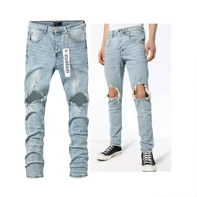 Yüksek sokak erkek hafif kot yeni moda sıkıntılı Denim pantolon sıska mor marka kot için yırtık