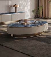 Table basse moderne haut de gamme circulaire, en bois massif avec plateau en pierre, style luxe léger, nouveau design minimaliste pour salon, taille domestique